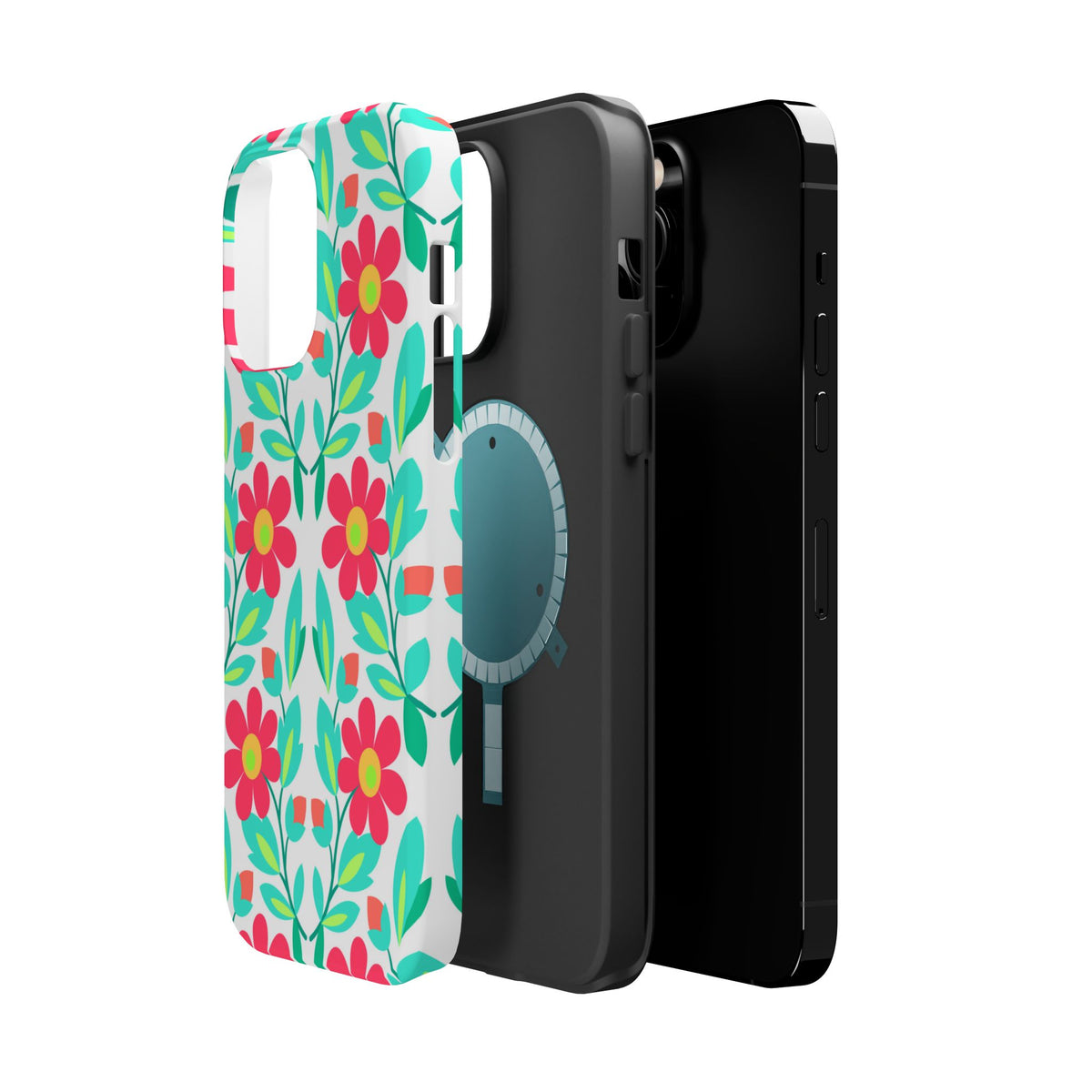 Floral Magnetic Impact-Resistant Phone Case — Pink & Teal Flower Pattern