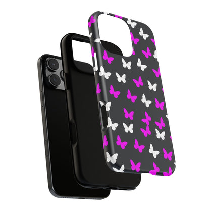 Butterfly Pattern Phone Case — Pink & White Butterflies on Black Tough Case