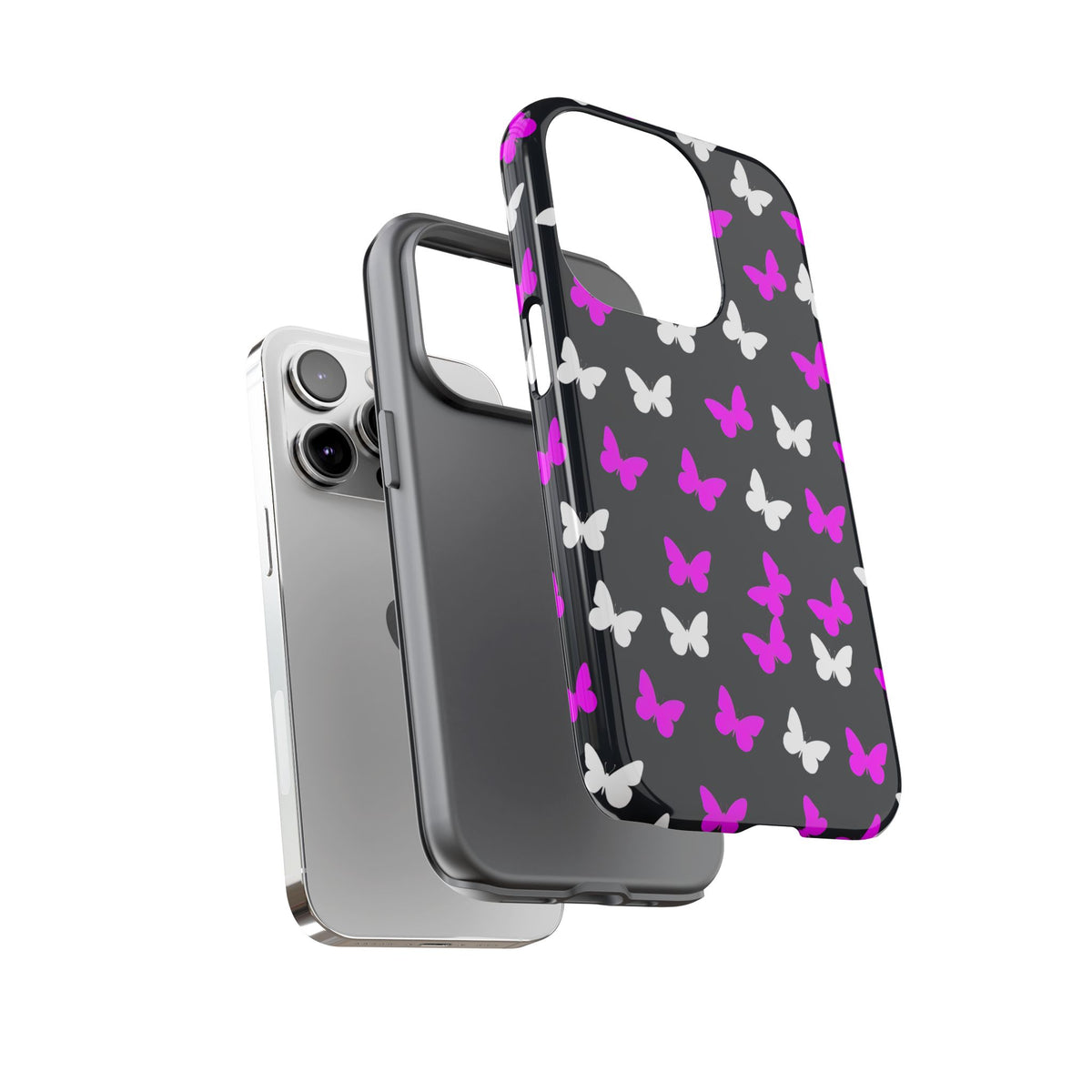 Butterfly Pattern Phone Case — Pink & White Butterflies on Black Tough Case