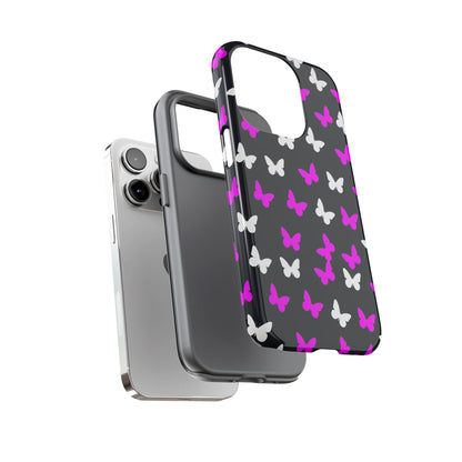 Butterfly Pattern Phone Case — Pink & White Butterflies on Black Tough Case