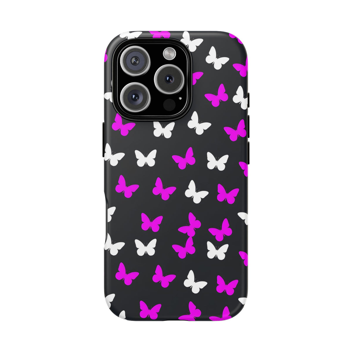 Butterfly Pattern Phone Case — Pink & White Butterflies on Black Tough Case