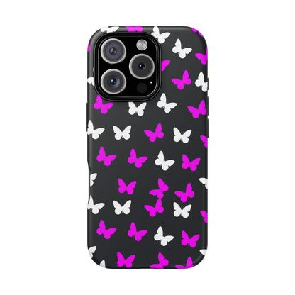 Butterfly Pattern Phone Case — Pink & White Butterflies on Black Tough Case