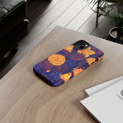 Floral Tough Phone Case — Bold Yellow Marigold Pattern on Deep Navy
