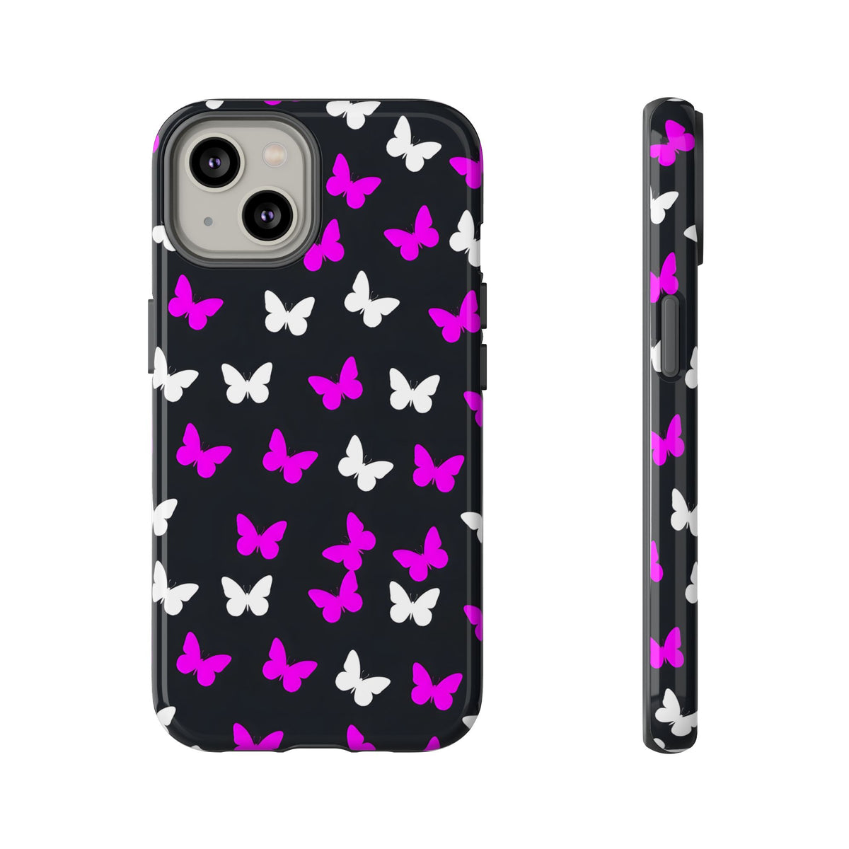 Butterfly Pattern Phone Case — Pink & White Butterflies on Black Tough Case