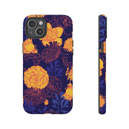 Floral Tough Phone Case — Bold Yellow Marigold Pattern on Deep Navy