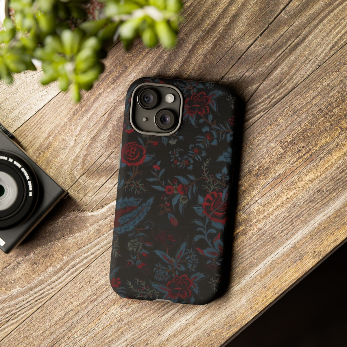 Floral Noir Tough Phone Case — Dark Rose Protective Cover