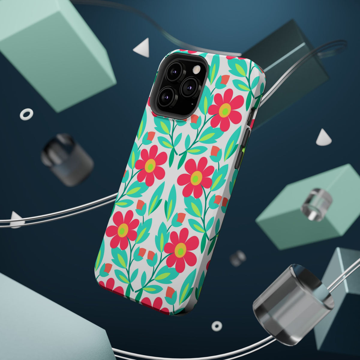 Floral Magnetic Impact-Resistant Phone Case — Pink & Teal Flower Pattern