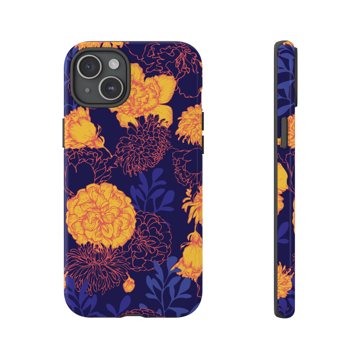 Floral Tough Phone Case — Bold Yellow Marigold Pattern on Deep Navy
