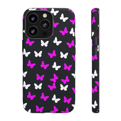 Butterfly Pattern Phone Case — Pink & White Butterflies on Black Tough Case