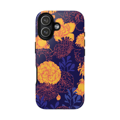 Floral Tough Phone Case — Bold Yellow Marigold Pattern on Deep Navy