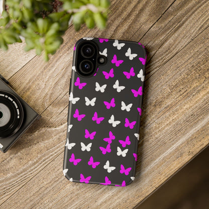 Butterfly Pattern Phone Case — Pink & White Butterflies on Black Tough Case