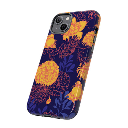 Floral Tough Phone Case — Bold Yellow Marigold Pattern on Deep Navy