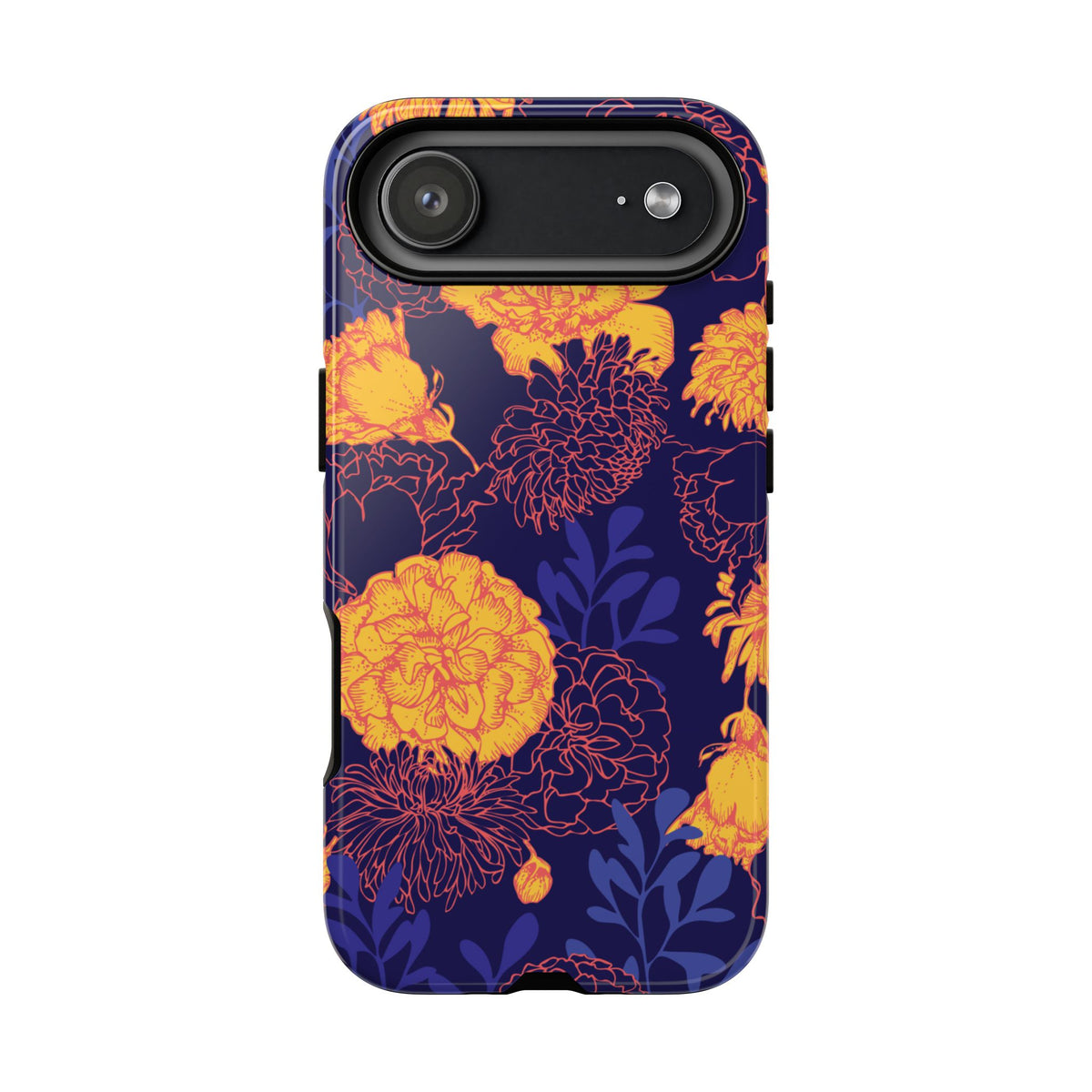 Floral Tough Phone Case — Bold Yellow Marigold Pattern on Deep Navy