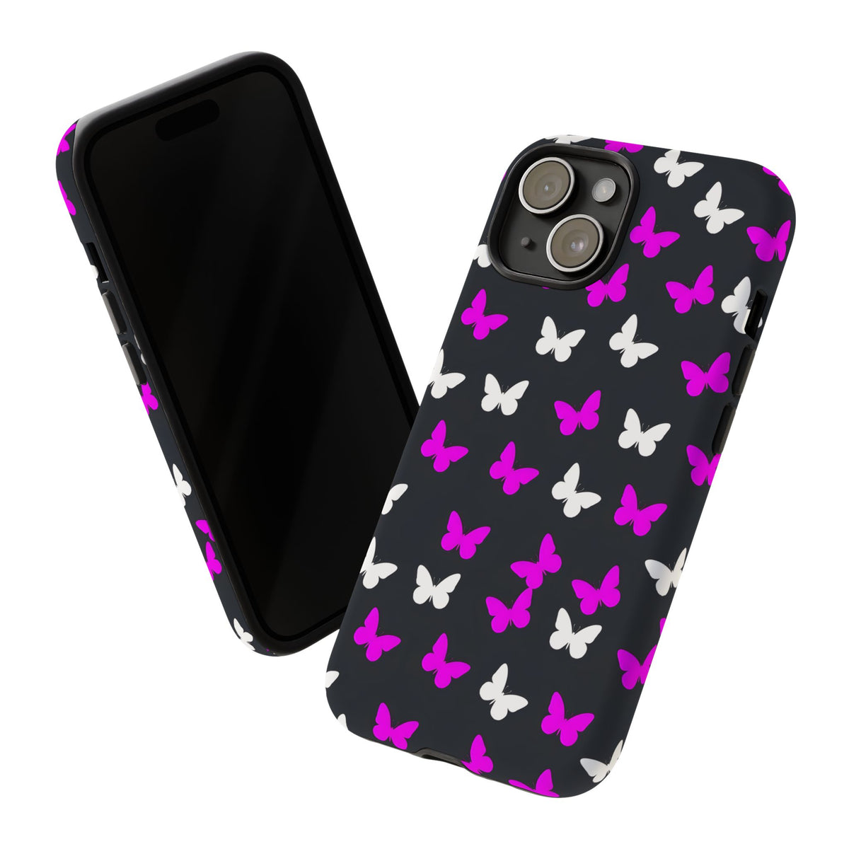 Butterfly Pattern Phone Case — Pink & White Butterflies on Black Tough Case
