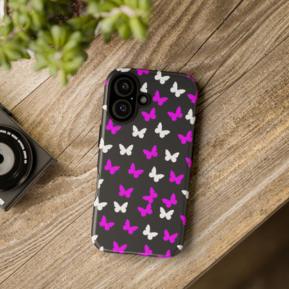 Butterfly Pattern Phone Case — Pink & White Butterflies on Black Tough Case