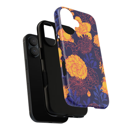 Floral Tough Phone Case — Bold Yellow Marigold Pattern on Deep Navy
