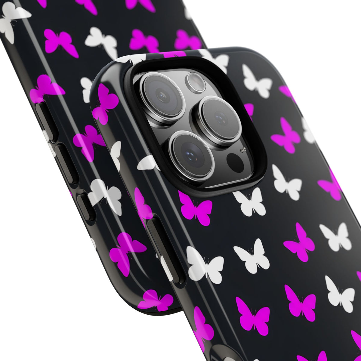 Butterfly Pattern Phone Case — Pink & White Butterflies on Black Tough Case
