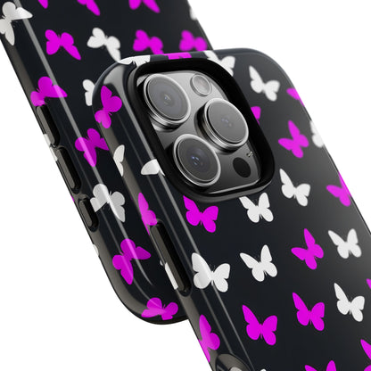 Butterfly Pattern Phone Case — Pink & White Butterflies on Black Tough Case