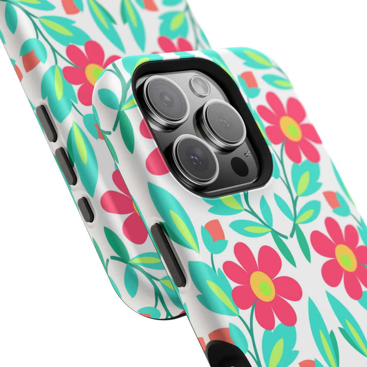 Floral Magnetic Impact-Resistant Phone Case — Pink & Teal Flower Pattern