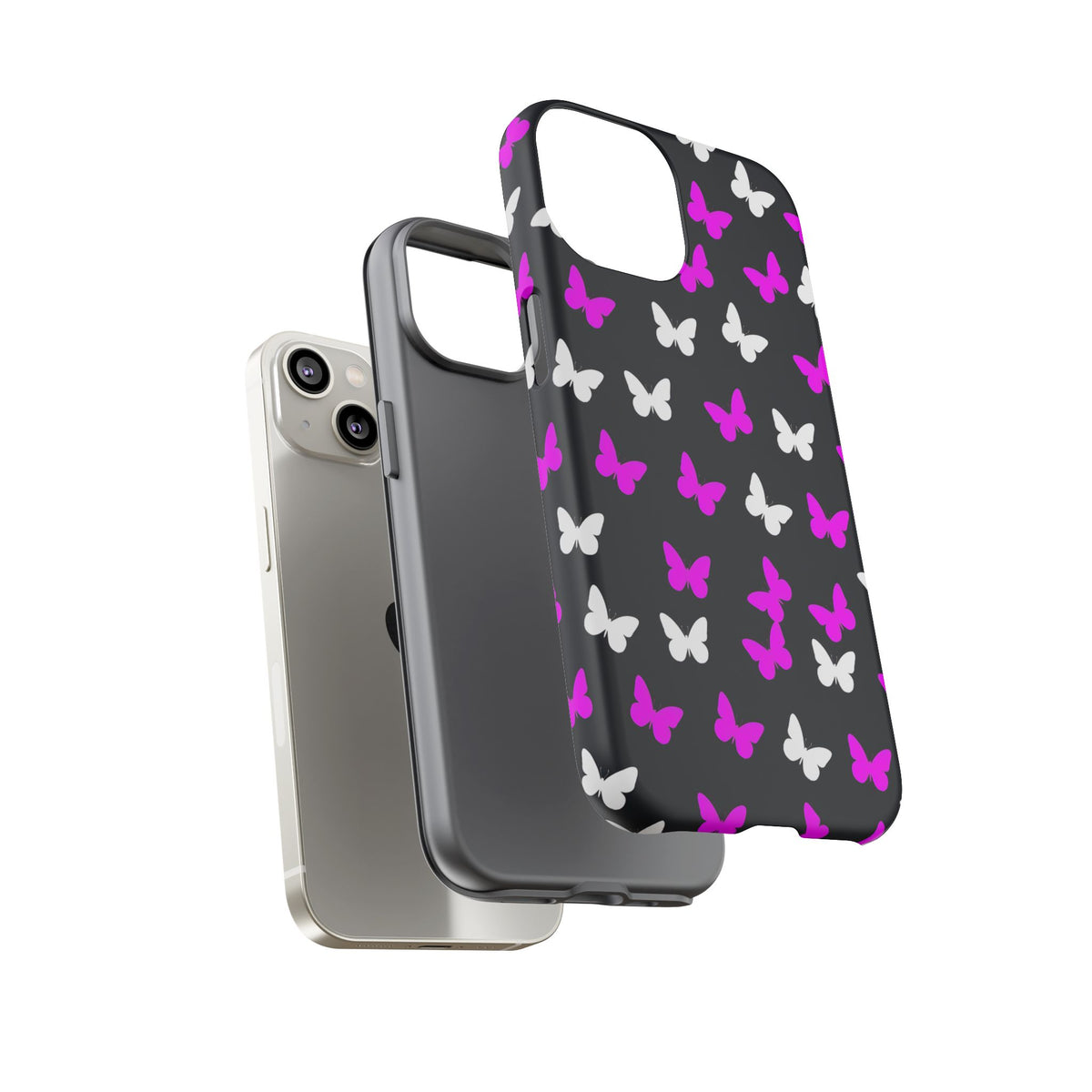 Butterfly Pattern Phone Case — Pink & White Butterflies on Black Tough Case