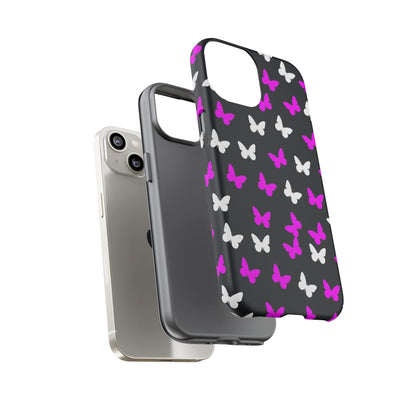 Butterfly Pattern Phone Case — Pink & White Butterflies on Black Tough Case