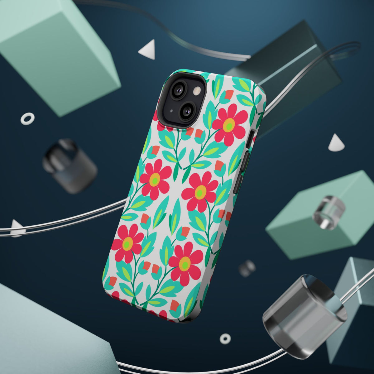 Floral Magnetic Impact-Resistant Phone Case — Pink & Teal Flower Pattern