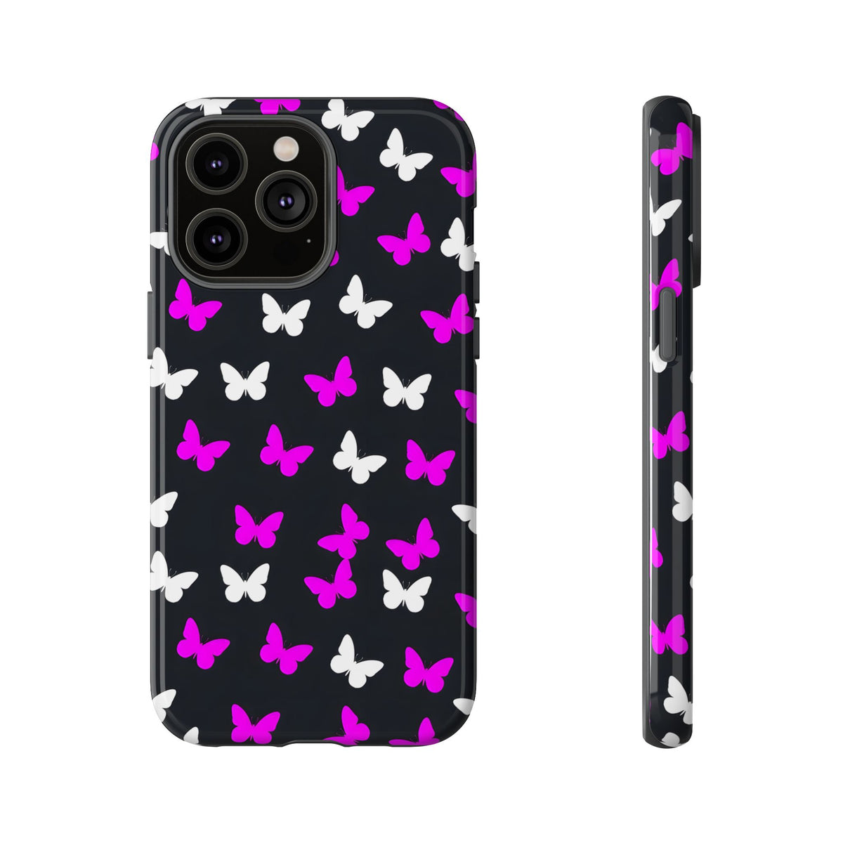 Butterfly Pattern Phone Case — Pink & White Butterflies on Black Tough Case