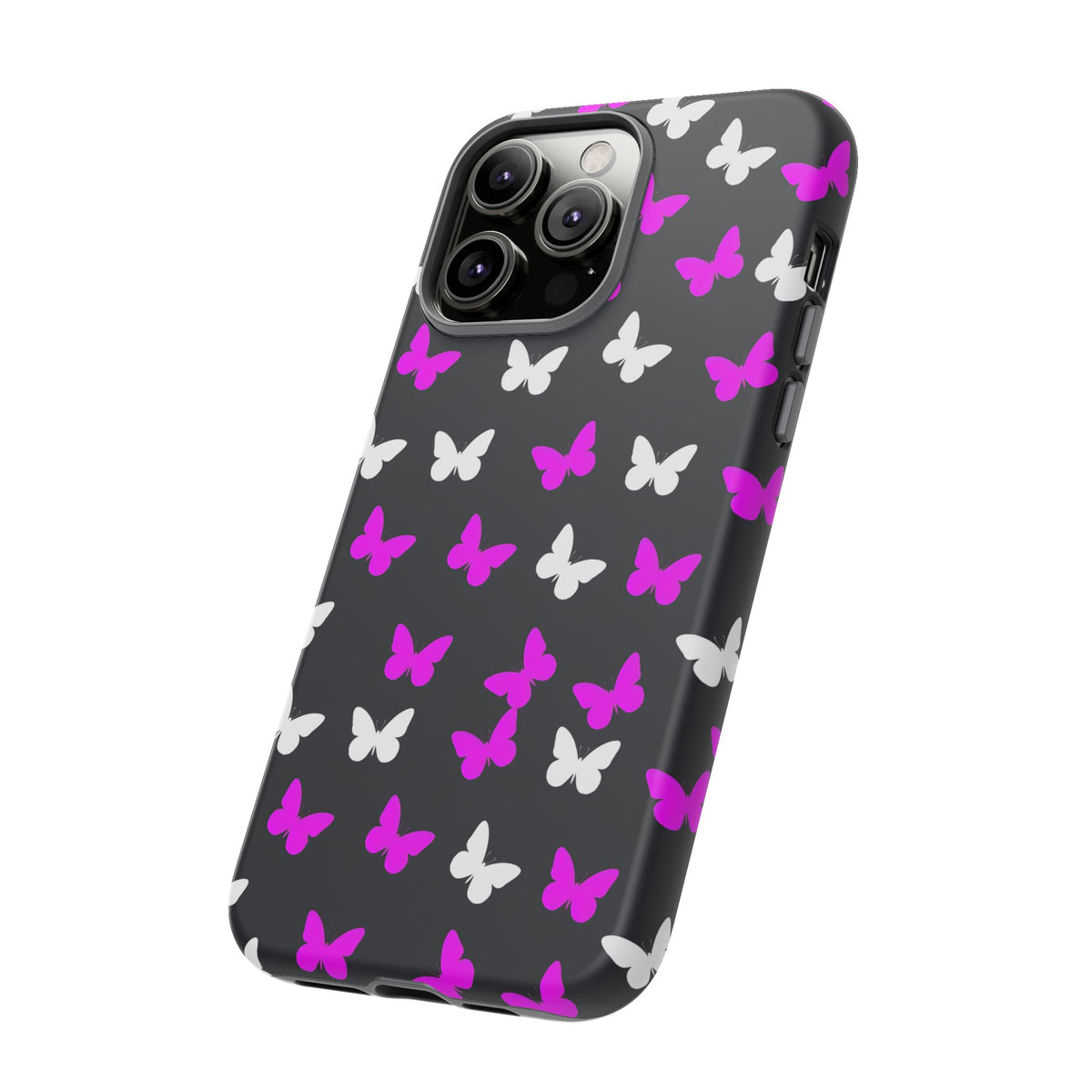 Butterfly Pattern Phone Case — Pink & White Butterflies on Black Tough Case