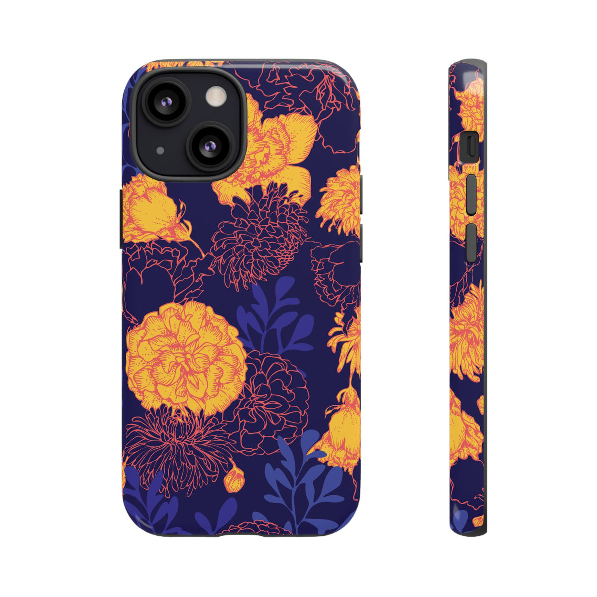 Floral Tough Phone Case — Bold Yellow Marigold Pattern on Deep Navy