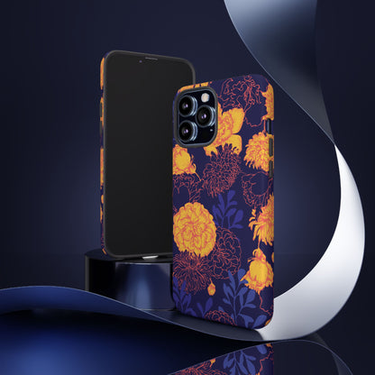 Floral Tough Phone Case — Bold Yellow Marigold Pattern on Deep Navy