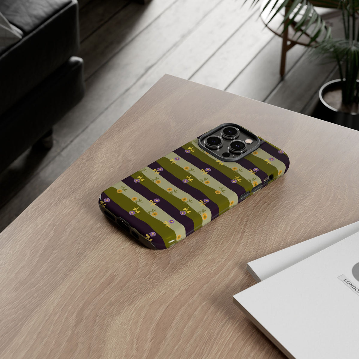 Floral Stripe Tough Phone Case — Olive & Plum Protective Cover