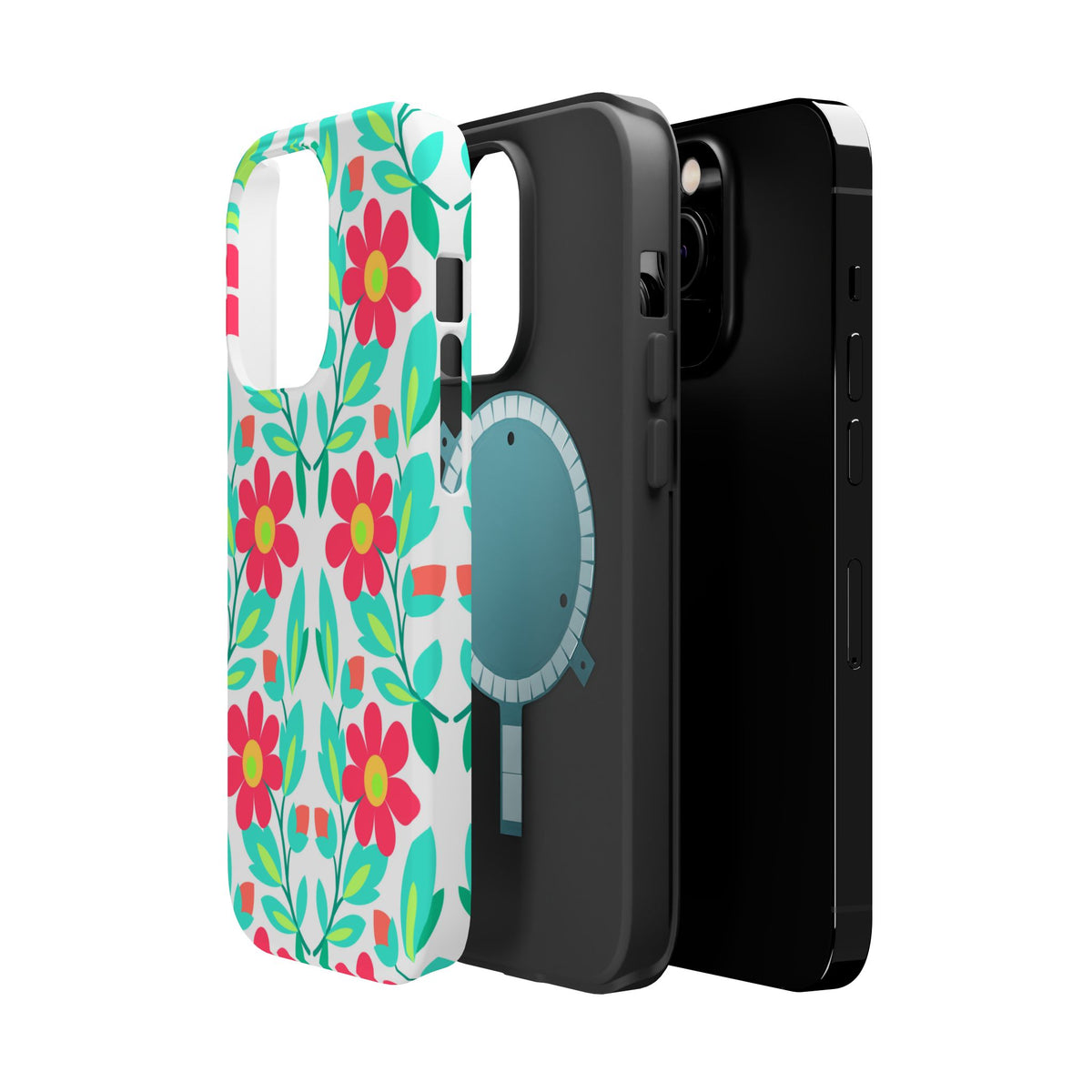 Floral Magnetic Impact-Resistant Phone Case — Pink & Teal Flower Pattern