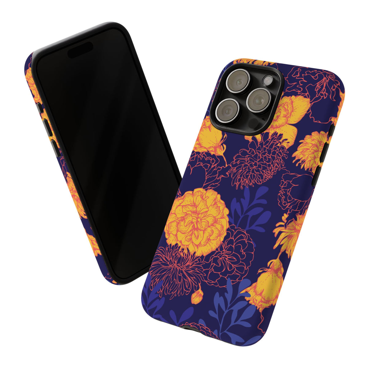 Floral Tough Phone Case — Bold Yellow Marigold Pattern on Deep Navy
