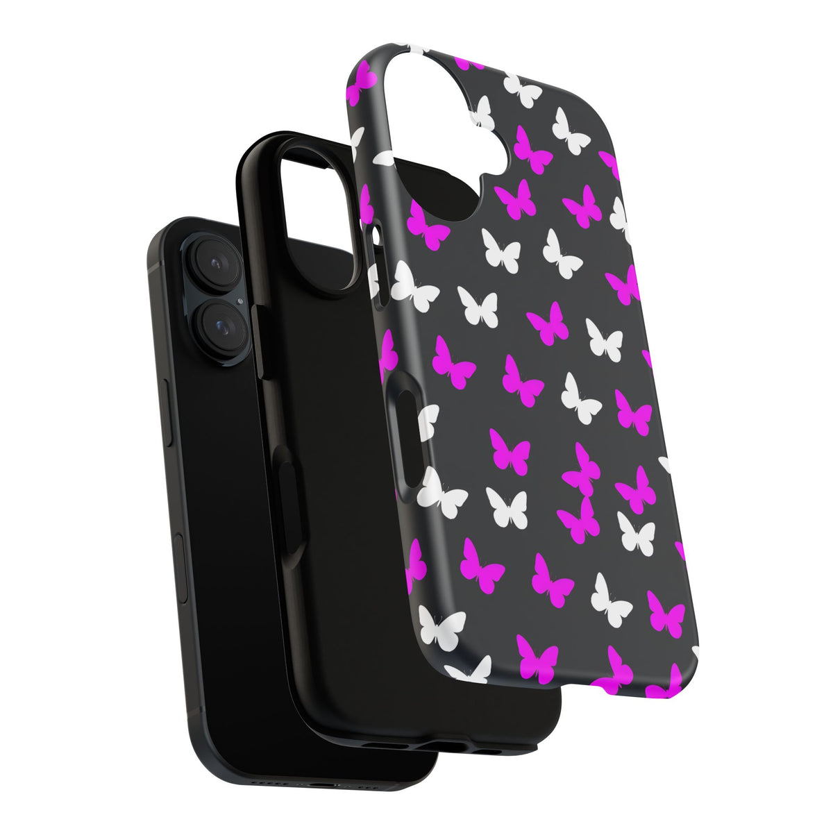 Butterfly Pattern Phone Case — Pink & White Butterflies on Black Tough Case