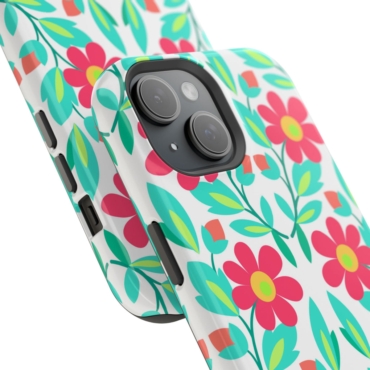 Floral Magnetic Impact-Resistant Phone Case — Pink & Teal Flower Pattern
