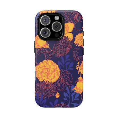 Floral Tough Phone Case — Bold Yellow Marigold Pattern on Deep Navy