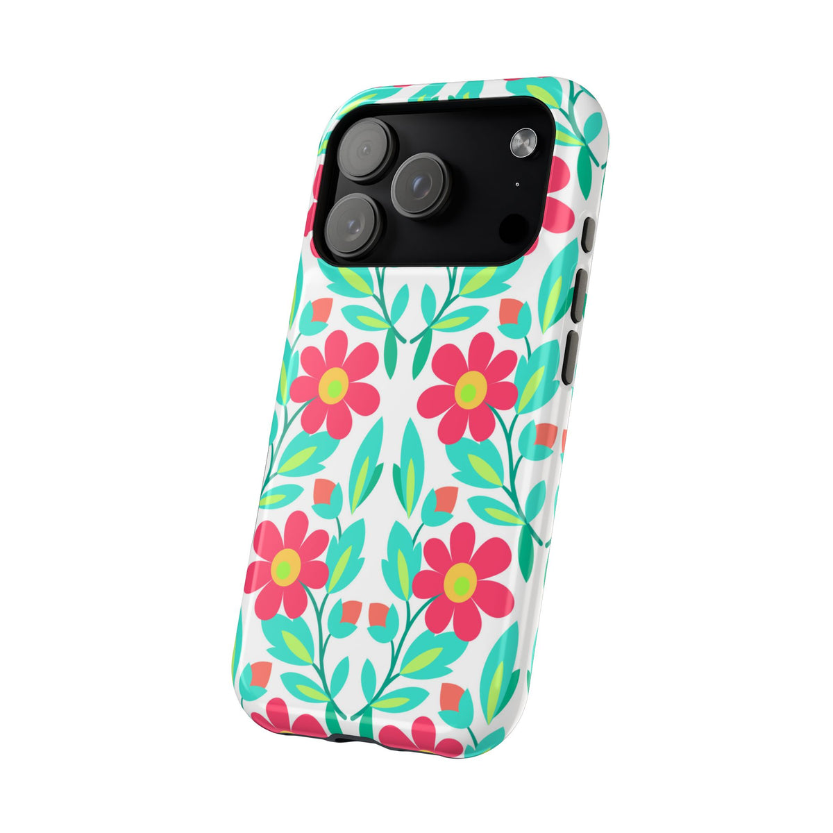 Floral Magnetic Impact-Resistant Phone Case — Pink & Teal Flower Pattern