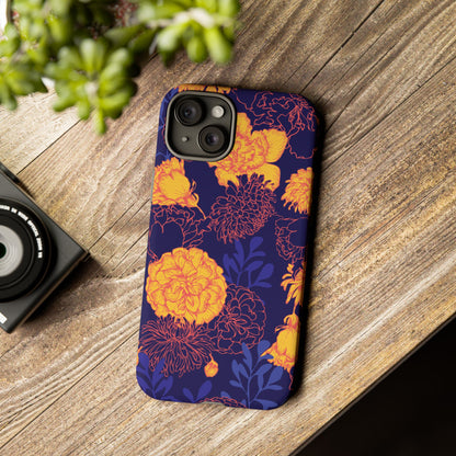 Floral Tough Phone Case — Bold Yellow Marigold Pattern on Deep Navy
