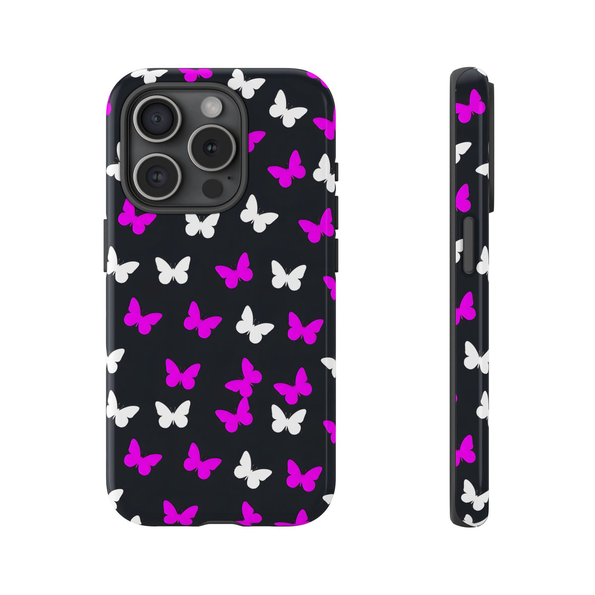 Butterfly Pattern Phone Case — Pink & White Butterflies on Black Tough Case