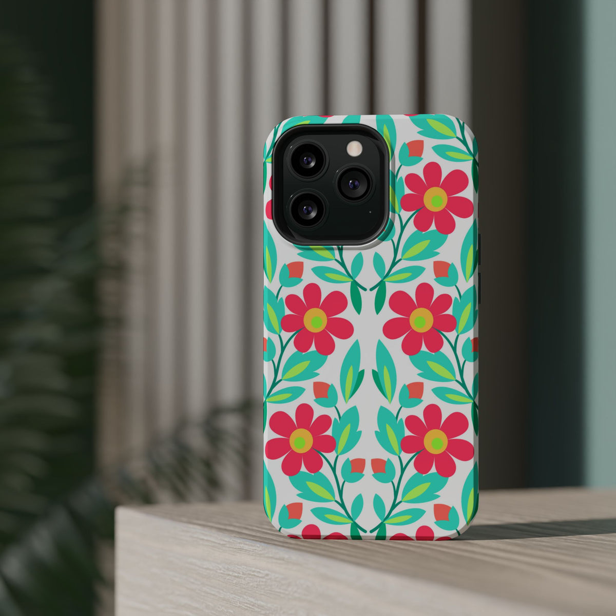 Floral Magnetic Impact-Resistant Phone Case — Pink & Teal Flower Pattern