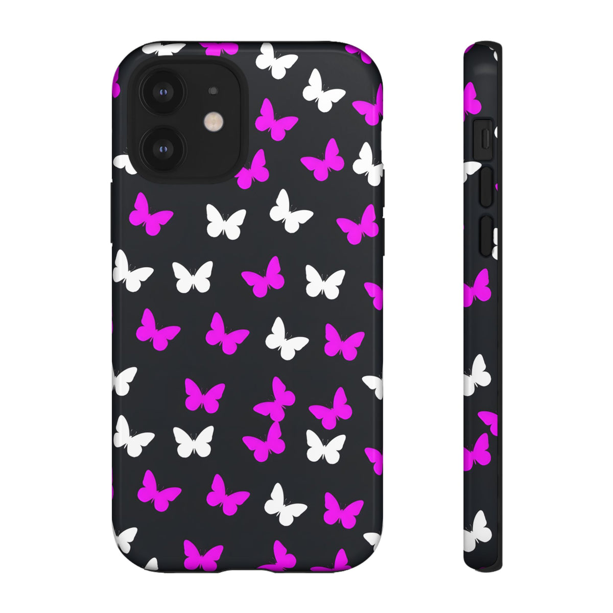 Butterfly Pattern Phone Case — Pink & White Butterflies on Black Tough Case