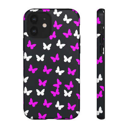 Butterfly Pattern Phone Case — Pink & White Butterflies on Black Tough Case