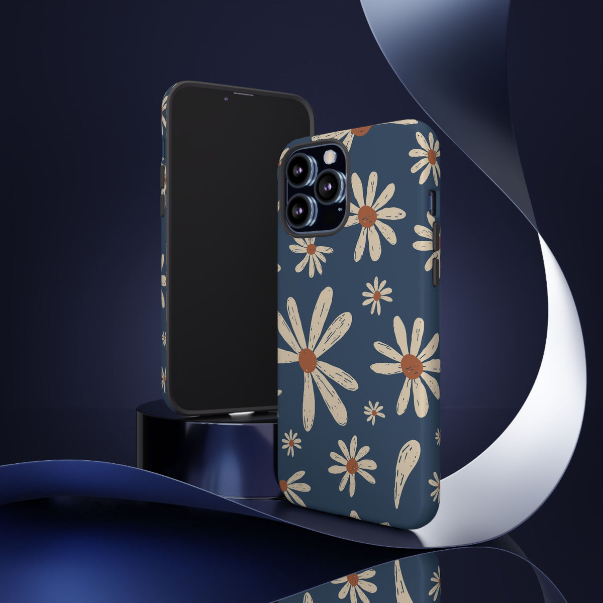 Daisy Pattern Tough Phone Case – Navy Floral Protective Cover