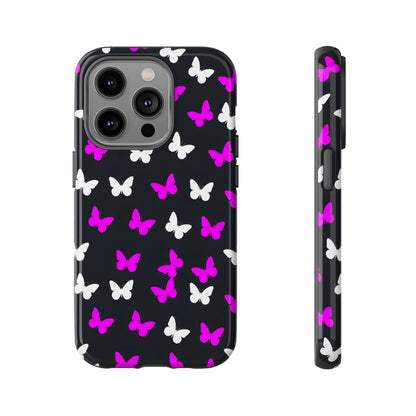 Butterfly Pattern Phone Case — Pink & White Butterflies on Black Tough Case