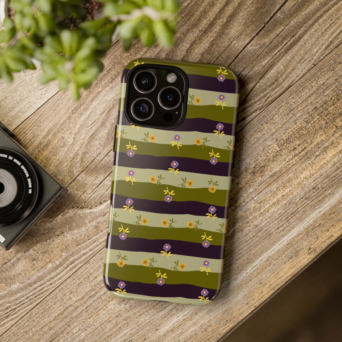 Floral Stripe Tough Phone Case — Olive & Plum Protective Cover