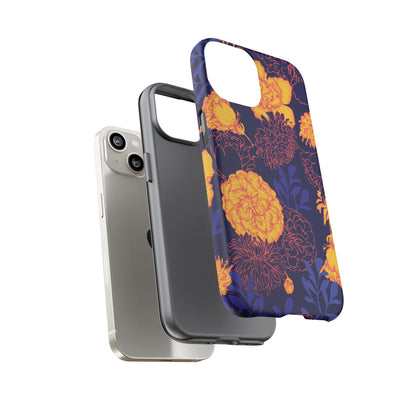 Floral Tough Phone Case — Bold Yellow Marigold Pattern on Deep Navy