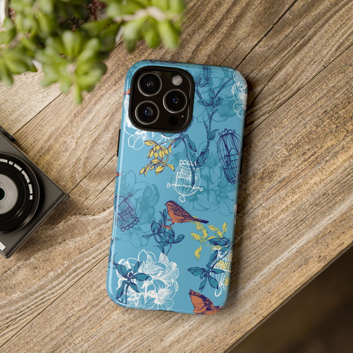 Floral Bird Tough Phone Case — Blue Birdcage Pattern