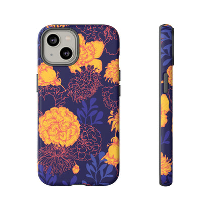 Floral Tough Phone Case — Bold Yellow Marigold Pattern on Deep Navy