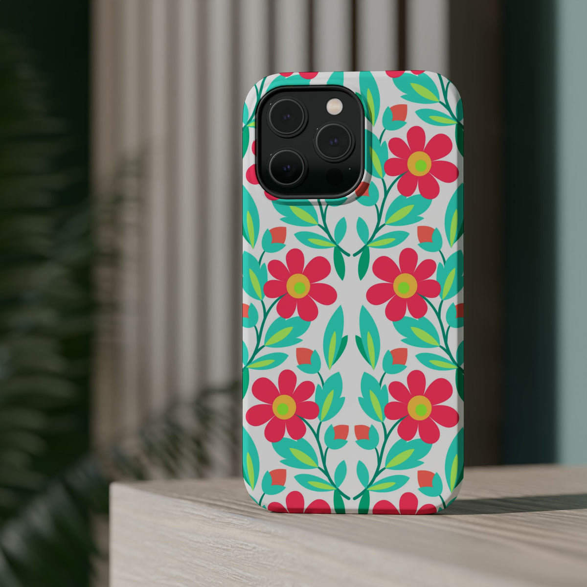 Floral Magnetic Impact-Resistant Phone Case — Pink & Teal Flower Pattern