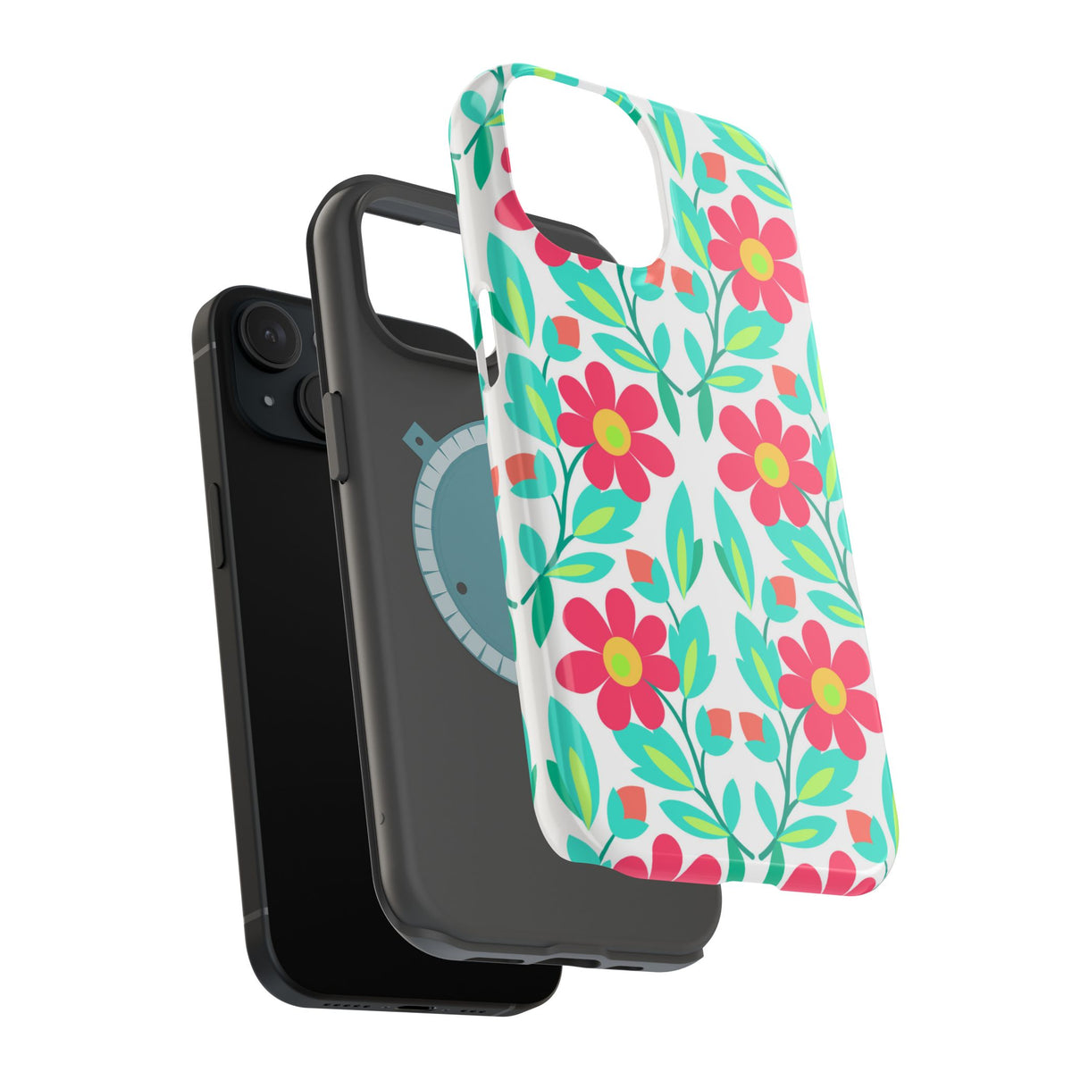 Floral Magnetic Impact-Resistant Phone Case — Pink & Teal Flower Pattern